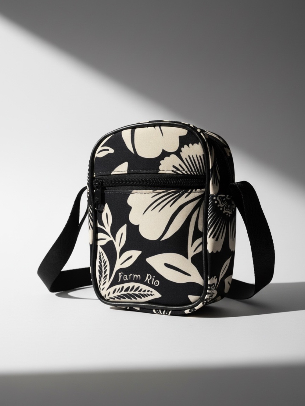 Farm Rio Black and Ivory Floral Crossbody Bag! Designer! Neutral Color!